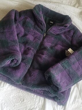 Vans Foundry Plaid Sherpa Puffer Jacket in Purple and Green